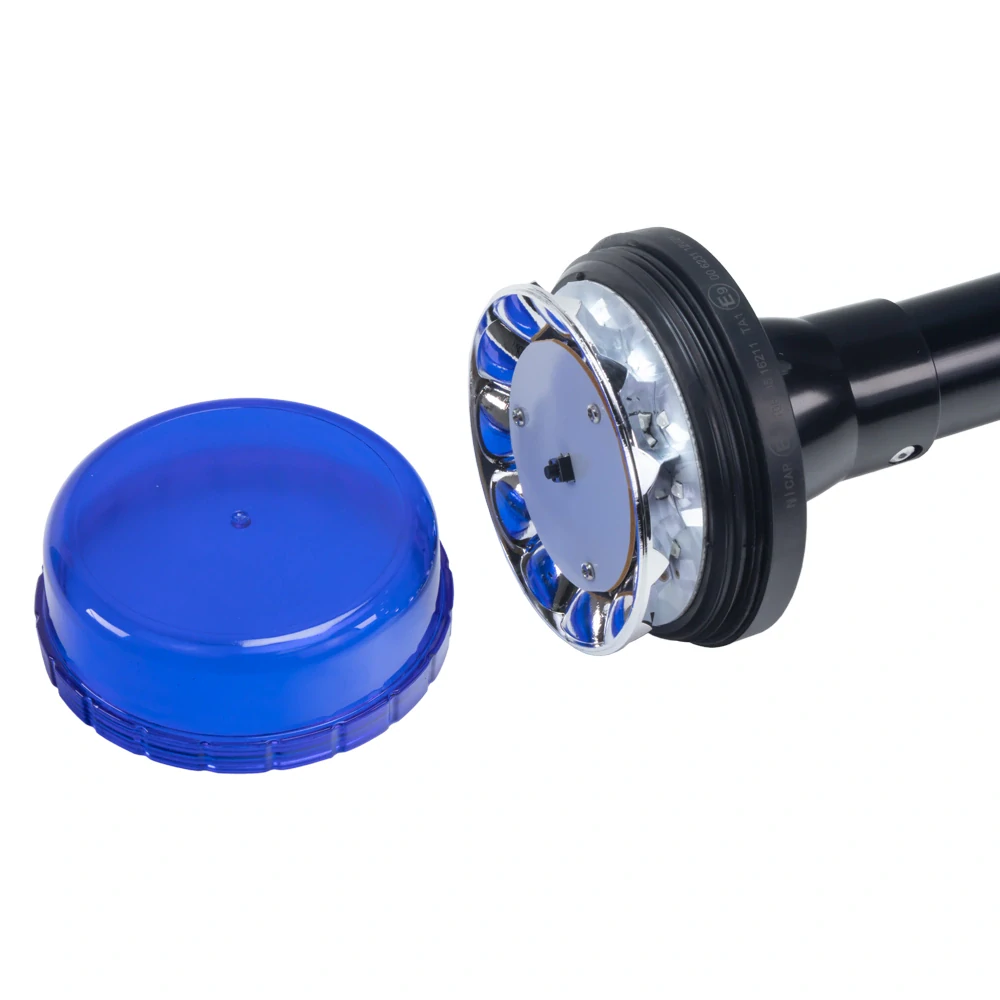LED maják, 12-24V, 12x3W modrý s teleskopickou tyčou na motocykel, ECE R10